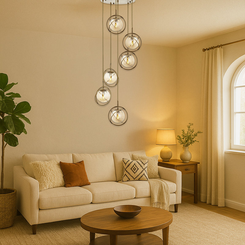 Luminaire suspendu en métal, 6 lumières, Rétro, Rétro