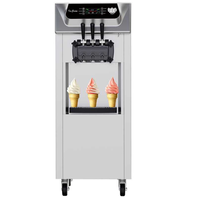 Machine à crème glacée à haut rendement à service doux - 2200 W, 2 + 1 saveurs, acier inoxydable vertical, écran ACL, nettoyage automatique et pré-refroidissement, 5,8 à 8 gallons par heure, pour les restaurants, les grignotines