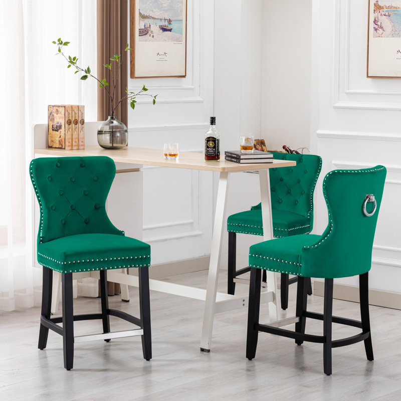 Kirsten Counter Stool with Metal Frame, Counter Stool (24" Seat Height), Dark Green, Black
