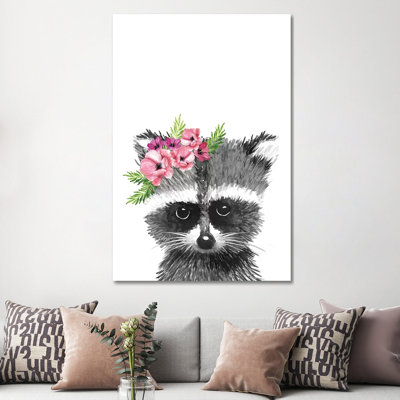 Racoon With Flower Crown by Mercedes Lopez Charro - Wrapped Canvas Painting