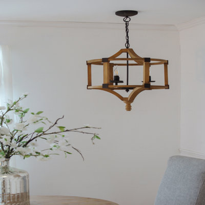 Chandelier  - 3  - Light Wood Drum, Hanging Light Fixture With Adjustable Chain Function