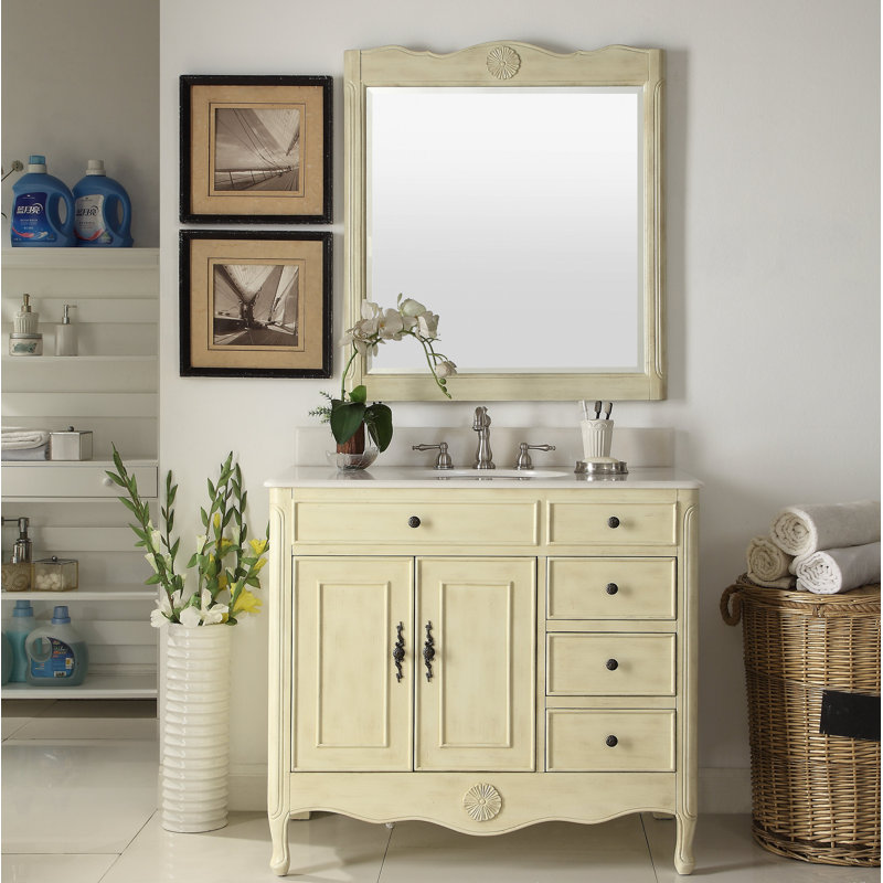 Medina 38'' Single Bathroom Vanity with Marble Top, Distressed Cream