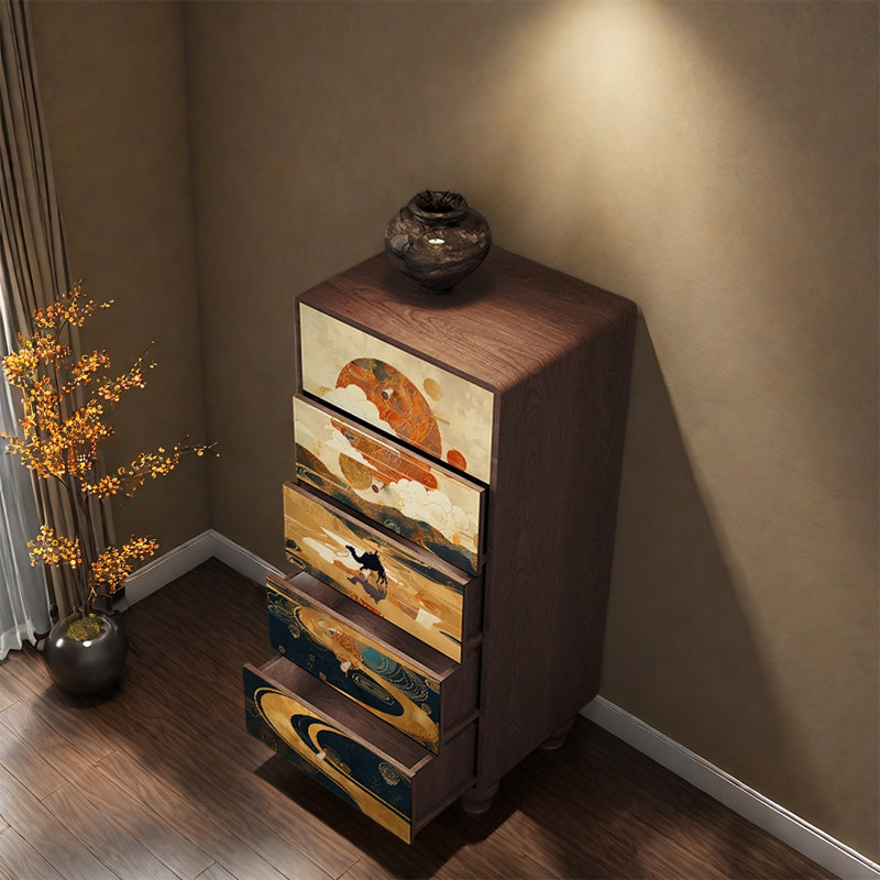 Armoire décorative à cinq tiroirs en bois de pin, Noyer