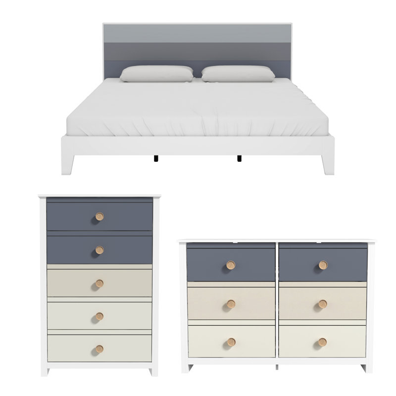 Buzice Transitional 3 Piece Bedroom Set, White/Night Owl/Ivory, King