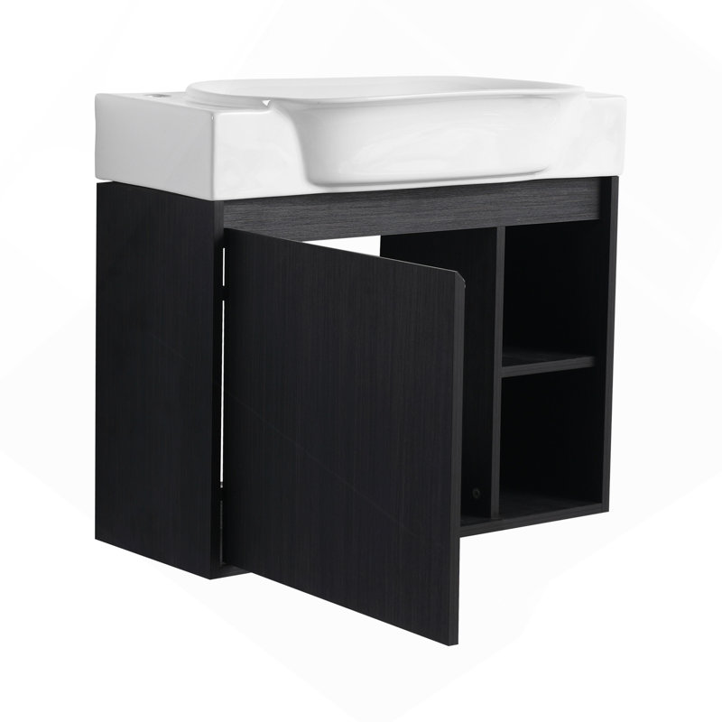Meuble-lavabo mural 28 po avec lavabo en céramique blanche et porte à fermeture en douceur 28 po, Black