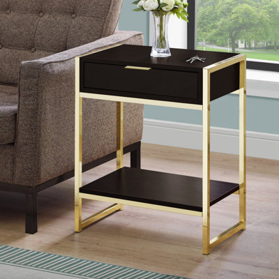 Table d'appoint, côté, bout, table de chevet, lampe, tiroir de rangement, salon, chambre à coucher, stratifié brun, métal doré, contemporain, moderne