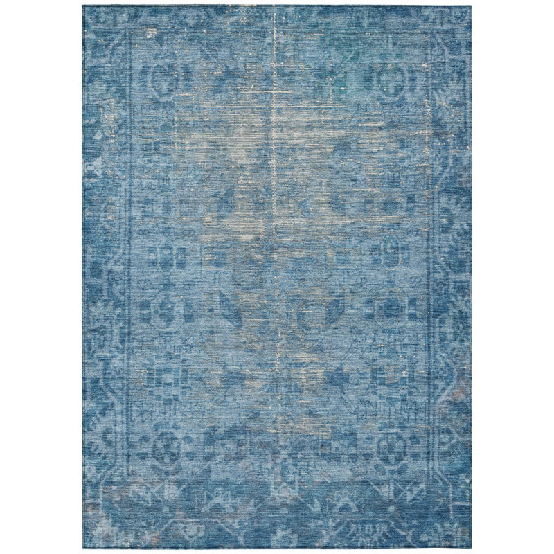 3' X 5' Blue Oriental Washable Indoor Outdoor Area Rug