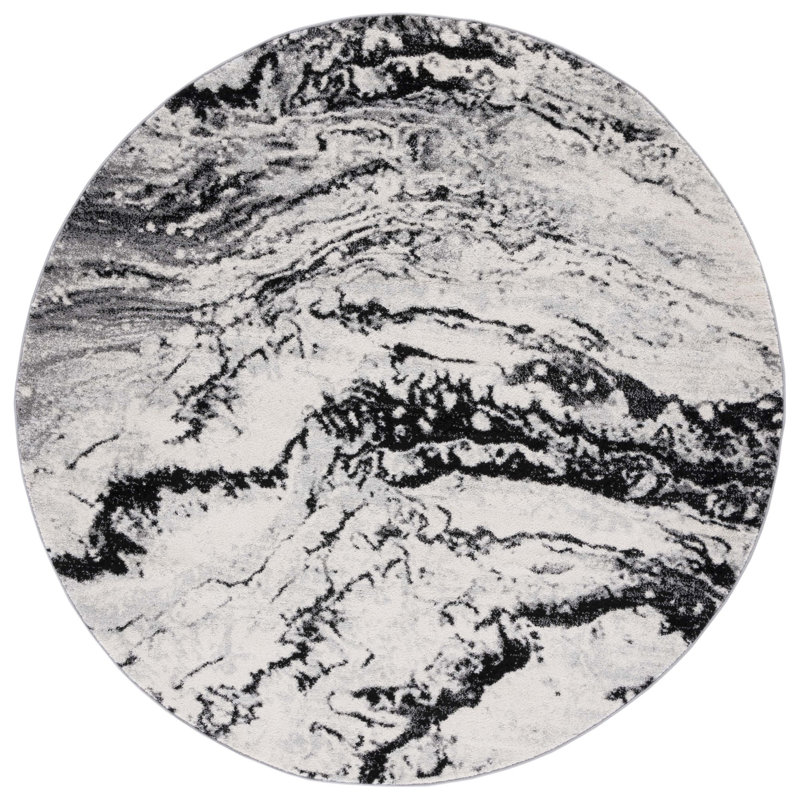 Adcock Abstract Ivory/Black Area Rug, Round 6'7"