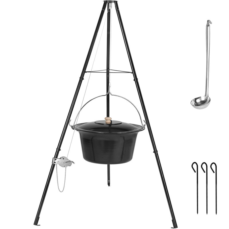 Goulash Pot With Tripod And Spoon, Original Hungarian Goulash Kettle, With Height-Adjustable Chain, With Ground Spikes, Kettle Goulash Pot Set, Enamel, For 10-15 People