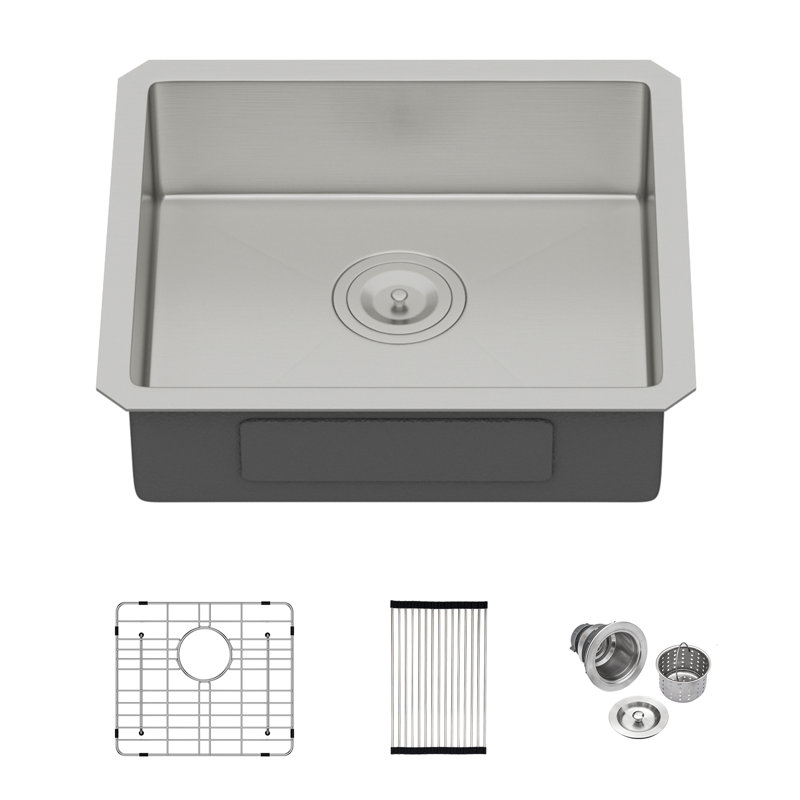 Évier de cuisine encastrable 18 po conforme à la norme ADA, évier simple fait à la main de calibre 16 en acier inoxydable de calibre 16 avec grille d'évier, crépine et support à enroulement