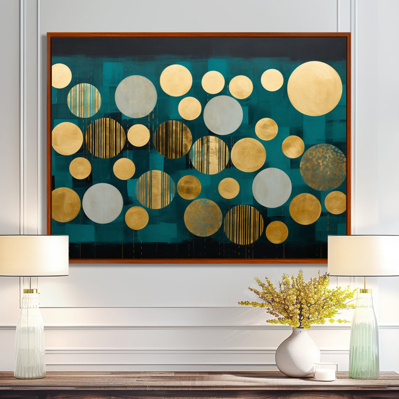 Golden Circles Dance On Teal Blue - Art mural géométrique abstrait, H 12 po x l 20 po x P 1 po, Cadre flottant brun