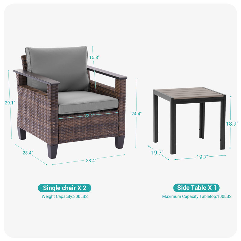 Ensemble de chaises de patio 3 pièces avec table d'appoint, meubles de patio en osier de rotin PE, Gris