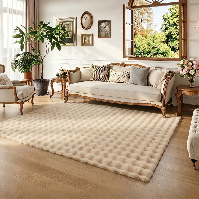Tapis antidérapant en fausse fourrure de lapin, Beige, Rectangle 5 pi x 7 pi