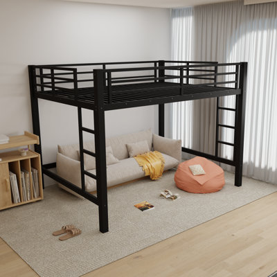 Full Size Black Metal Loft Bed  With 2 Built-in Ladders
