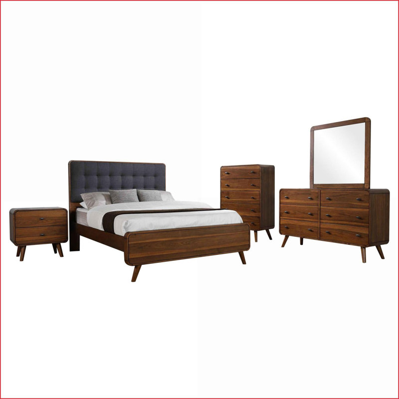 Ensemble de chambre à coucher, 5 pièces, finition grand noyer Mid-Century moderne avec ports USB | Bois | Lits standard