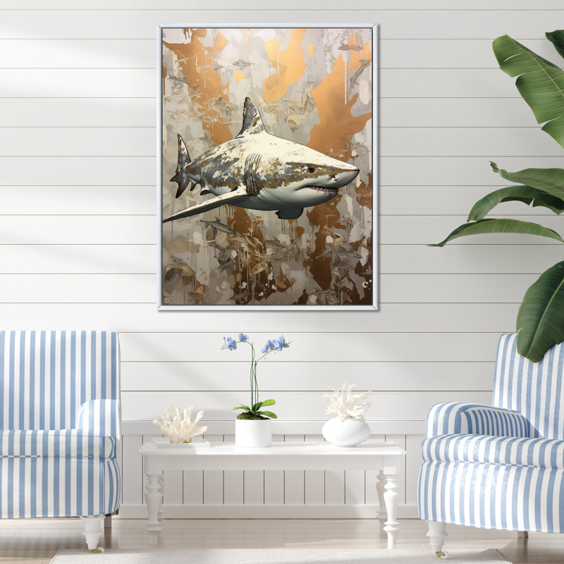 " Minimalism Shark Painting In Golden Beige II ", 32" H x 24" W x 1" D, White Floater Framed