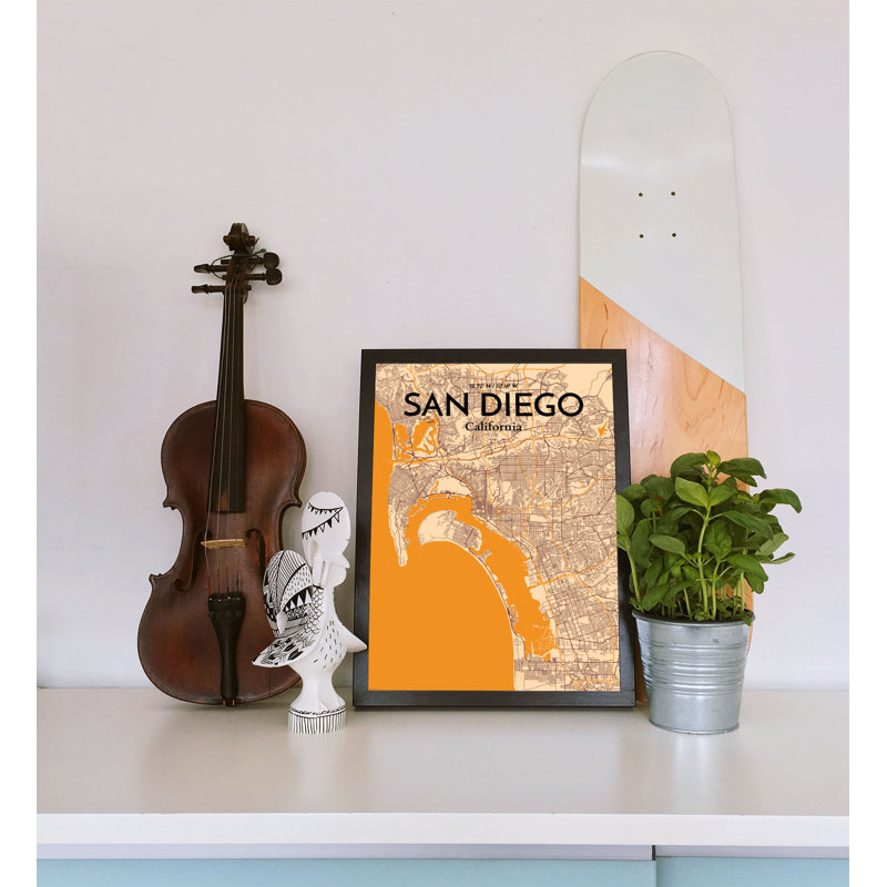 «San Diego City Map», reproduction d'impression sur affiche en orange clair, H 17 po x l 11 po
