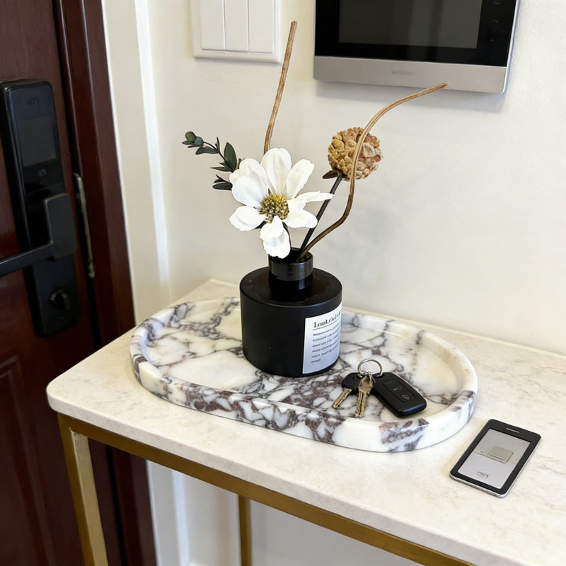 Plateau en marbre naturel pour bijoux et décoration intérieure, plateau de rangement sculpté à la main en pierre pour meuble-lavabo, commode et présentoir de table
