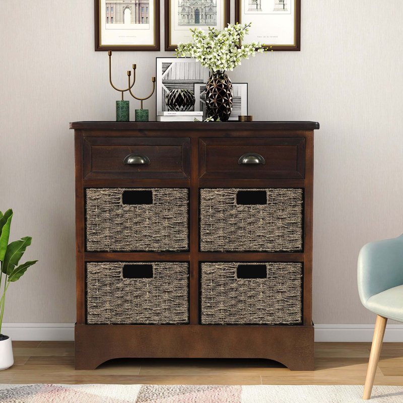Rustic Storage Cabinet, 2 Drawers & 4 Rattan Baskets, Farmhouse Style, Espresso