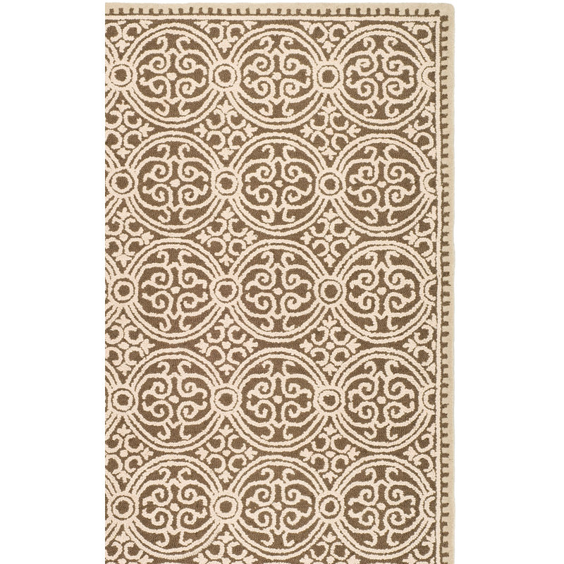 Tapis unique en laine touffeté fabriqué à la main à motif géométrique brun clair Sadik, Carré 10 pi