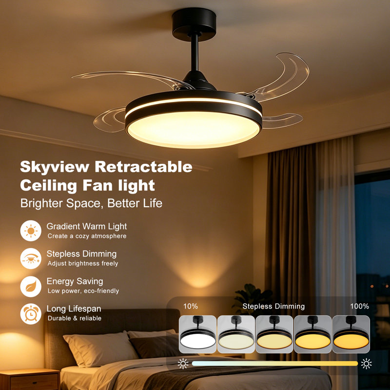 Ventilateur de plafond rétractable de 42 po avec éclairage et contrôle à distance / APP, plusieurs modes dynamiques de lumière à DEL RVB, ventilateurs de plafond encastrés invisibles modernes réversibles à 6 vitesses avec lumières pour la chambre à coucher - noir