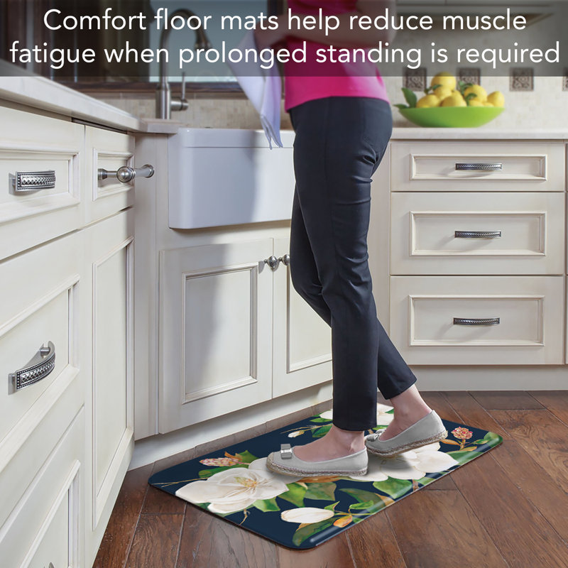 Magnolia Motif Navy and White Vinyl Comfort Kitchen Floor Mat