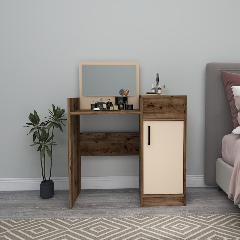 Altoria Dressing Table with Mirror, Light Walnut/Beige