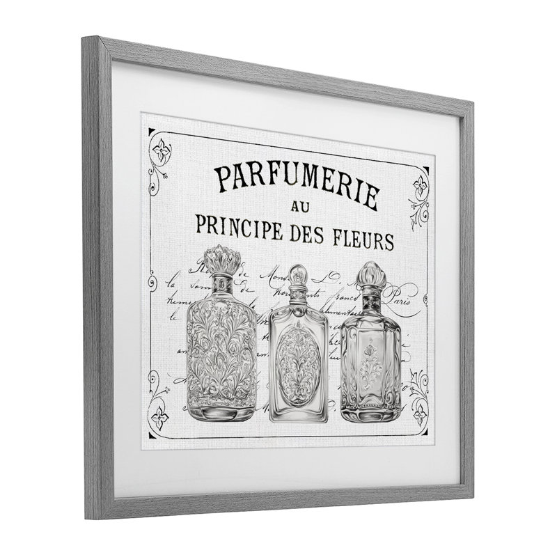 Reproduction sous verre rétro encadrée de parfumerie française, design par lettré et doublé, H 13 po x l 16 po