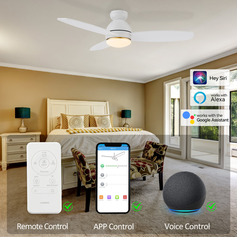 Ventilateur de plafond intelligent encastré à 3 pales 48 "avec lumière, Blanc, Blanc