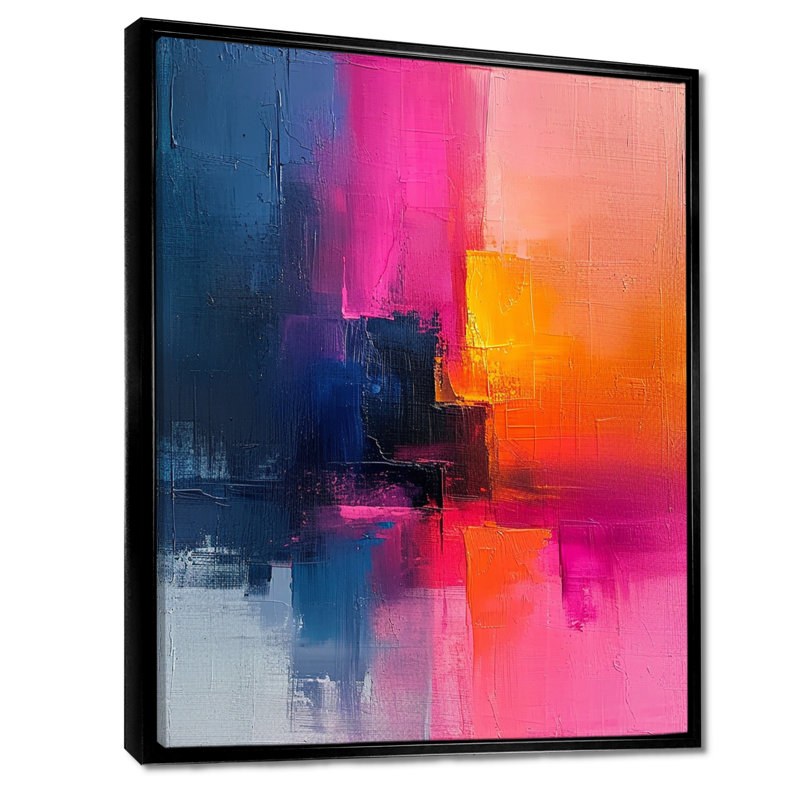 Fuchsia Sunrise - reproduction d'art abstrait mural, H 32 po x l 16 po x P 1 po, Toile avec cadre flottant noir