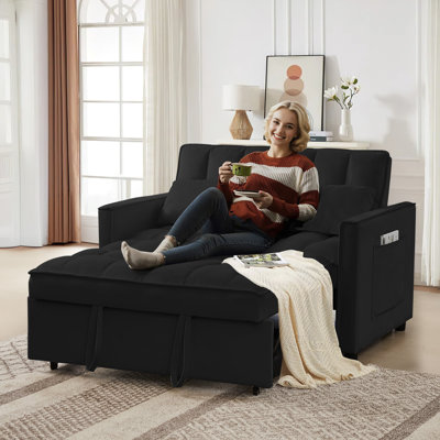 3 in 1 Convertible Sleeper Sofa Bed, Futon Couches for Living Room with Side Pocket/Adjustable Backrest, Velvet Upholstered Pull Out Couch, Small Love