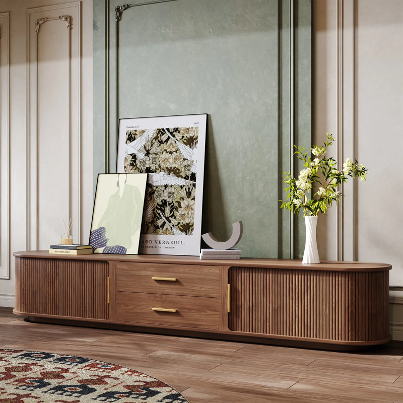 Console média minimaliste en bois avec porte à enroulement, entièrement assemblée, Brun, H 16,54 po x L 94,49 po x l 15,75 po
