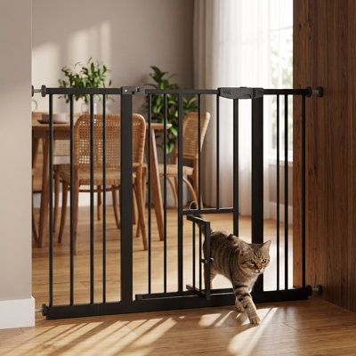 Pressure Mounted Baby Gate with Cat Door, Auto‑Close Pet Gate for Dogs and Kittens, No Drill Metal Safety Gate, Walk‑Thru Child Gate for Doorways Hall