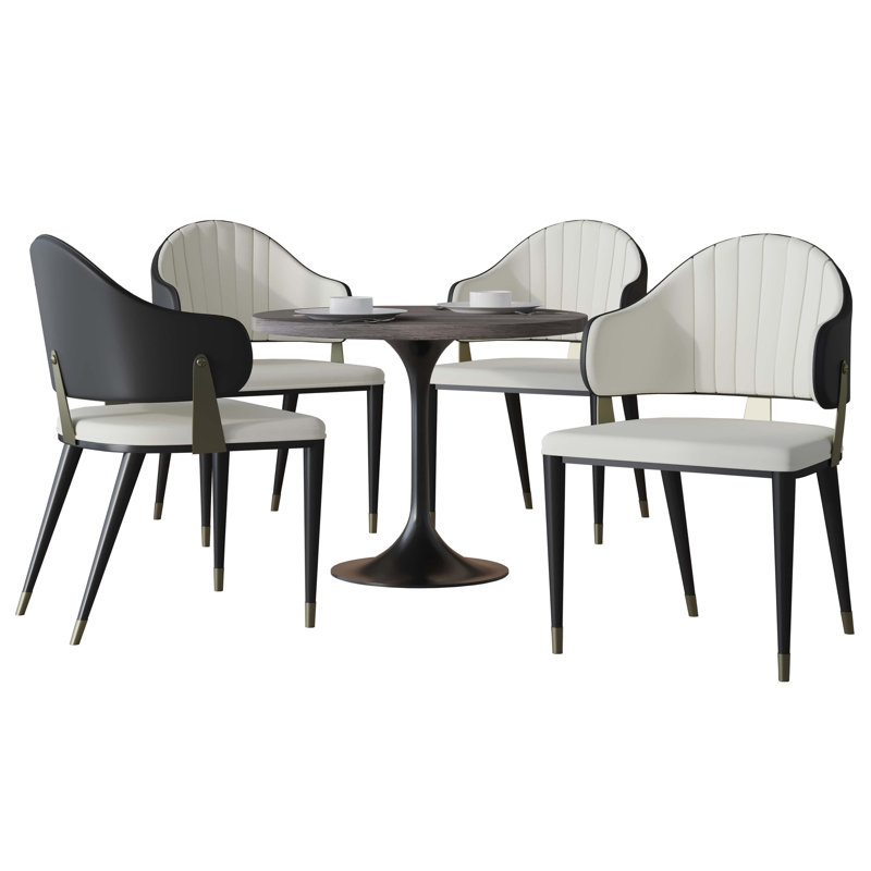 LeisureMod 5-Piece Dining Set, Modern 36-Inch Round Kitchen Table and 4 Upholstered Dining Chairs, PU Leather Mid Century Dinette Set with Metal Pedestal Base for Small Spaces, Apartment, and Café