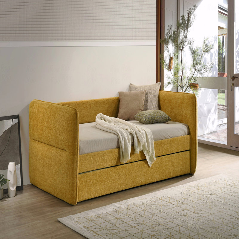 1Pc Modern Daybed Pull Out Trundle Button Tufted Nailhead Trim Bedroom Living Room Furniture, Gold, Super Single