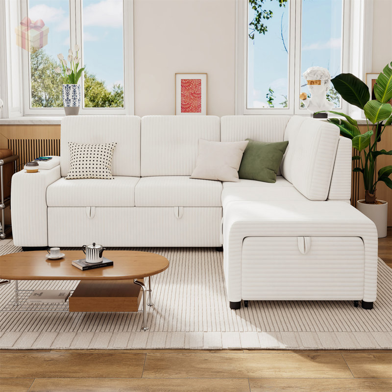 Canapé-lit modulaire rembourré en velours côtelé polyvalent avec conversion rapide, grand rangement et ports USB pour une vie moderne