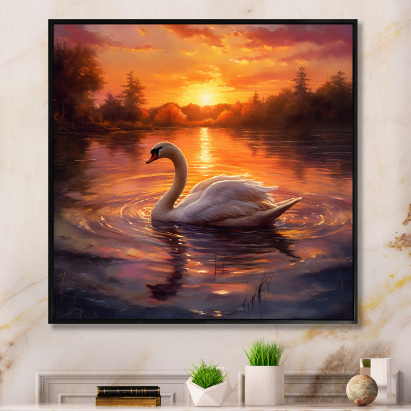 Cygne blanc, coucher de soleil romantique, Cadre flottant noir, H 16 po x l 16 po x P 1 po