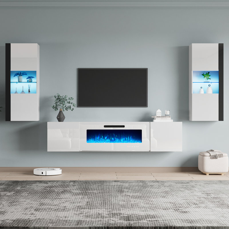 Meuble audio-vidéo flottant Bhhatu Highgloss avec foyer électrique et 2 bibliothèques, Blanc, 120"