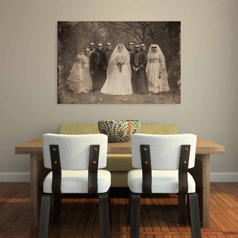 Tableau abstrait gothique vintage représentant un squelette dans une forêt, avec une fête de mariage., 32" H x 48" W