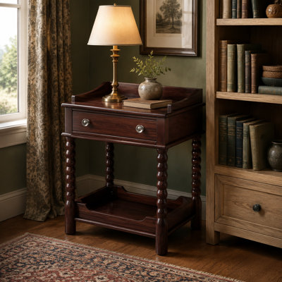 Retro Style Bedroom Nightstand with Drawer & Open Shelf, Walnut, Bedside Table with Turned Legs