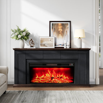 Meuble télé avec foyer électrique de 107 cm (42 pouces), compatible avec les téléviseurs jusqu'à 203 cm (80 pouces), 2 placards et 3 tiroirs, noir