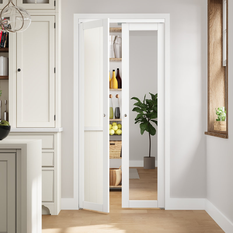 Porte pivotante de 96 po de hauteur, à la française ou pliante, avec miroir, en bois d'ingénierie massif et trousse de quincaillerie d'installation (placard-garde-manger)