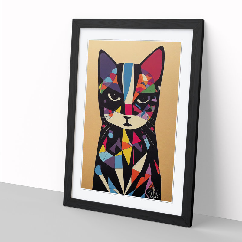 Colourful Abstract Cat Vol.4 - Framed Print, 64cm H x 46cm W, Beige Framed