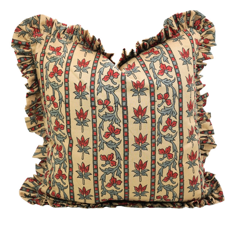 Fabdivine Artisan Block Printed Frill Cushion Cover Reversible Coloured  Linen Pillow with Elegant Ruffled Edges- Laxmi