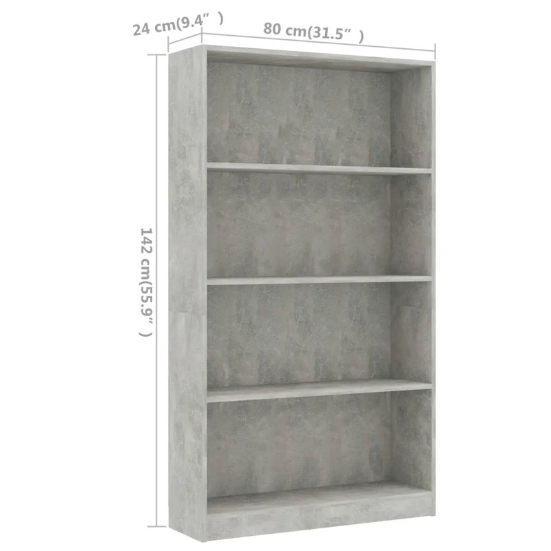 Inayah 4-Tier Book Cabinet Bookshelf BookCase Stand Storage Rack Engineered Wood, 142cm H x 80cm W x 24cm D, Concrete Grey