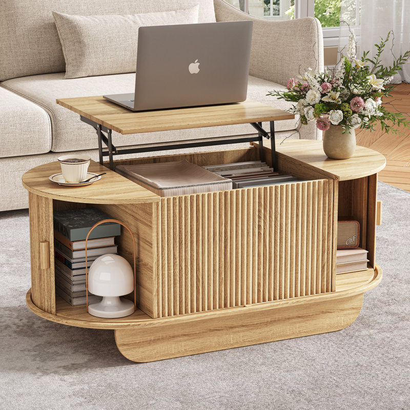 Lift Top Coffee Table with Storage, Fluted Coffee Table with Sliding Doors, Wood Rustic Center Table For Living Room, Brown