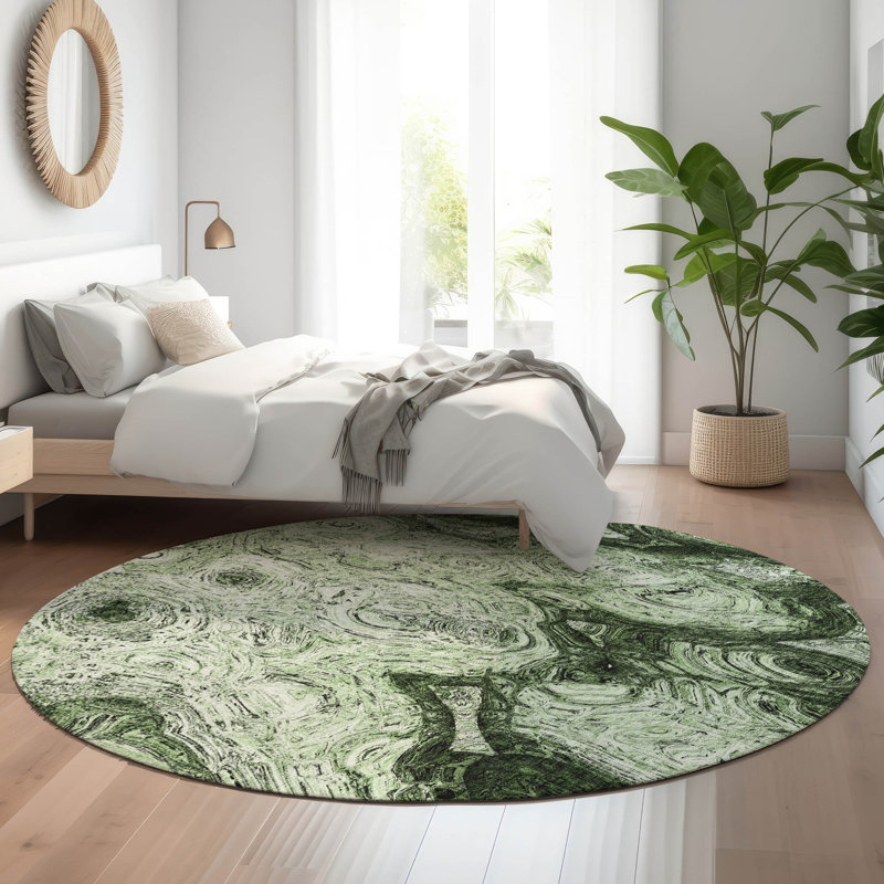 Premium Machine Washable Cerrito AMF579 Green Rug, Round 8'
