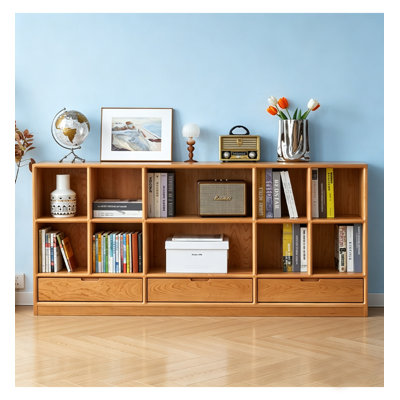 Minimalist Solid Wood Open Bookshelf with Drawers