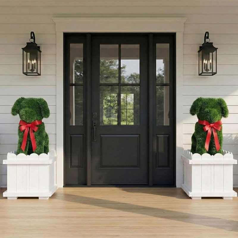 Decorative White Planter Box With Artificial Dog Topiary - 2 Pack