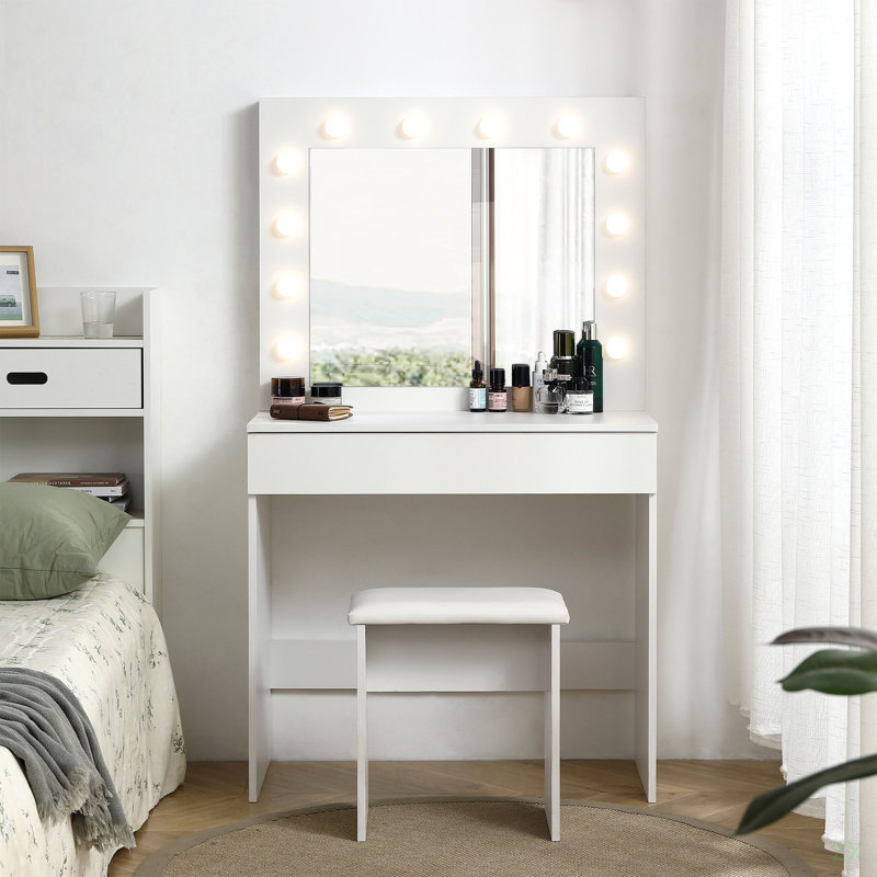 Table de coiffeuse avec grand miroir éclairé, coiffeuse de maquillage avec tiroir, tabouret revêtu de 1 pièce
